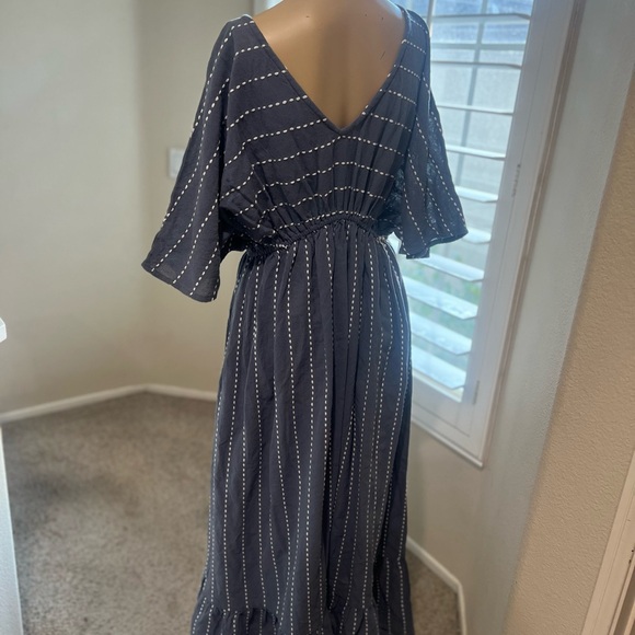 Blue white Strip hand stitch cotton Maxi sun Dress boho feminine cottagecore XL - Picture 7 of 11